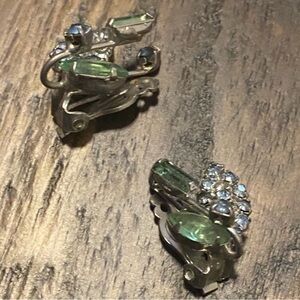 Blue and green rhinestone clip on earrings